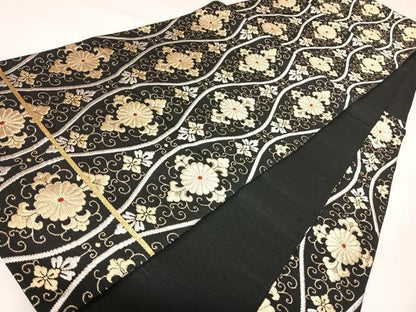 平和屋着物◎六通柄京袋帯　立涌花文　黒地　金銀糸　正絹　逸品　AABK0730yx