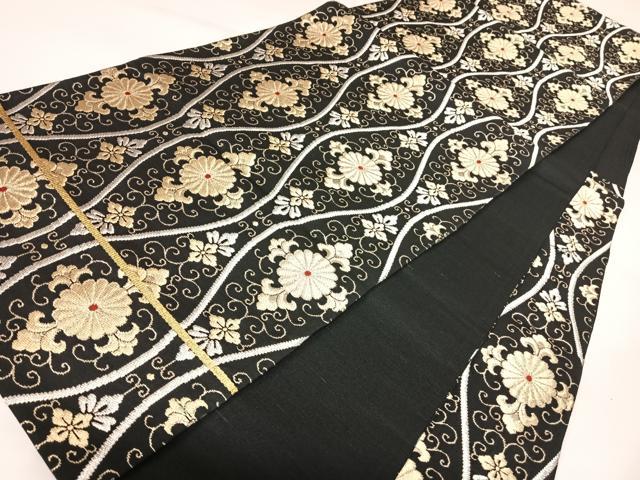 平和屋着物◎六通柄京袋帯　立涌花文　黒地　金銀糸　正絹　逸品　AABK0730yx