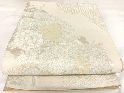 平和屋着物◎綴れ　両面　全通柄袋帯　御所車花鳥文　美保姿　金銀糸　正絹　逸品　AABK0737yx