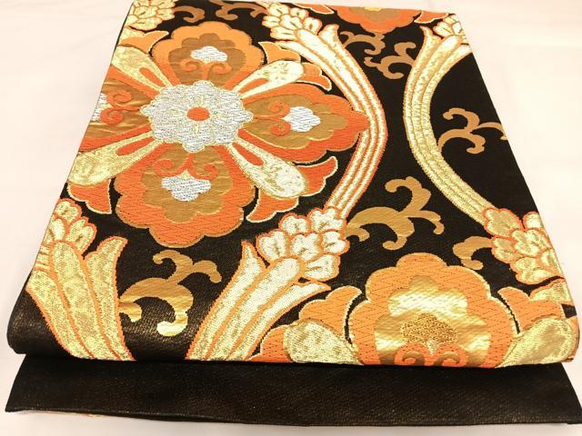 平和屋着物◎西陣　六通柄袋帯　唐織　立涌花文　黒地　金銀糸　正絹　逸品　AABK0740yx