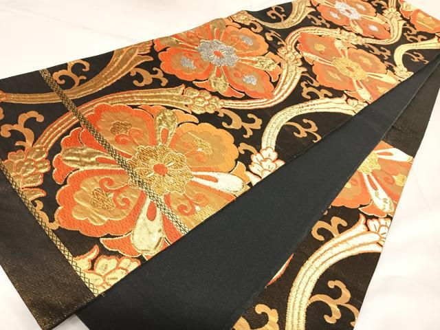 平和屋着物◎西陣　六通柄袋帯　唐織　立涌花文　黒地　金銀糸　正絹　逸品　AABK0740yx