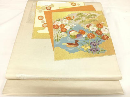 平和屋着物◎六通柄袋帯　唐織　色紙重ね鴛鴦花文　金銀糸　正絹　逸品　AABK0743yx