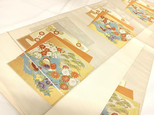 平和屋着物◎六通柄袋帯　唐織　色紙重ね鴛鴦花文　金銀糸　正絹　逸品　AABK0743yx