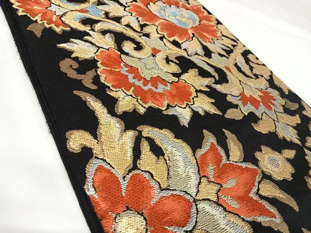平和屋着物◎六通柄　本袋帯　唐織　更紗花文　黒地　金銀糸　正絹　逸品　AABK0745yx