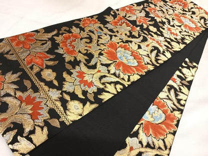 平和屋着物◎六通柄　本袋帯　唐織　更紗花文　黒地　金銀糸　正絹　逸品　AABK0745yx