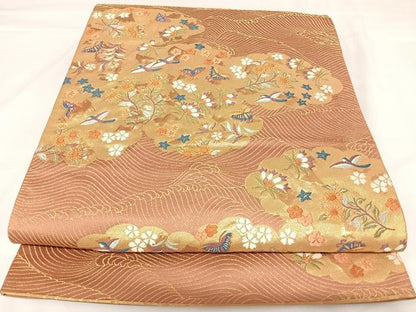 平和屋着物◎六通柄袋帯　唐織　雲取り花蝶文　金糸　正絹　逸品　AABK0752yx