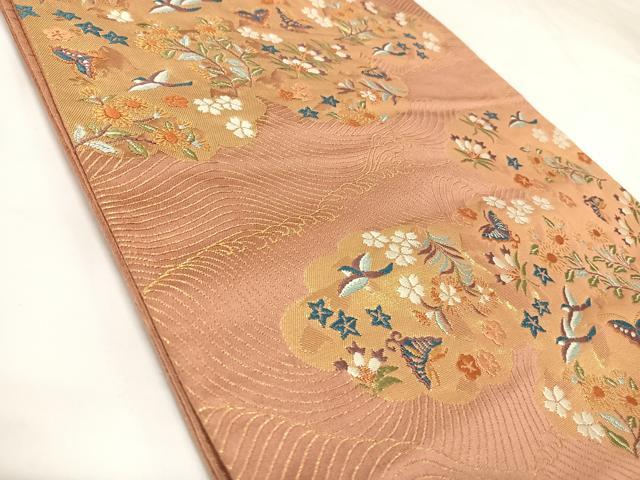 平和屋着物◎六通柄袋帯　唐織　雲取り花蝶文　金糸　正絹　逸品　AABK0752yx