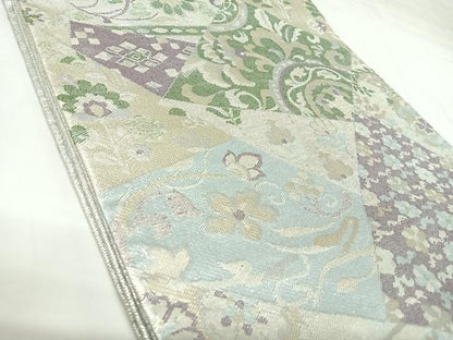 平和屋着物◎佐賀錦　六通柄袋帯　割付き花文　金銀糸　正絹　逸品　AABK0760yx