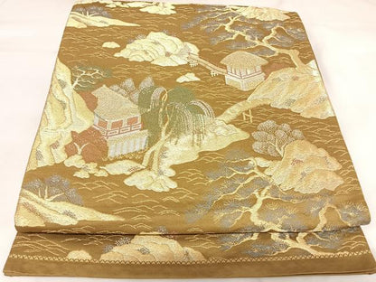 平和屋着物◎六通柄袋帯　風景文　金銀糸　正絹　逸品　AABK0770yx