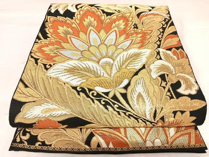 平和屋着物◎六通柄　本袋帯　唐織　更紗花文　黒地　金糸　正絹　逸品　AABK0772yx