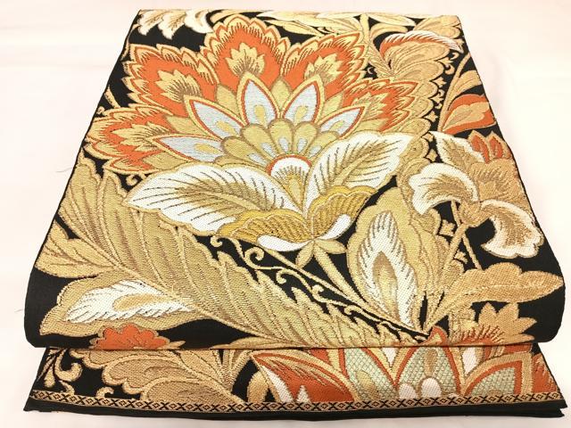 平和屋着物◎六通柄　本袋帯　唐織　更紗花文　黒地　金糸　正絹　逸品　AABK0772yx