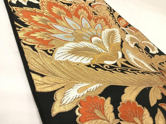 平和屋着物◎六通柄　本袋帯　唐織　更紗花文　黒地　金糸　正絹　逸品　AABK0772yx