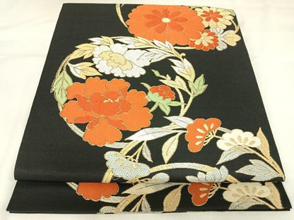平和屋着物◎六通柄　本袋帯　唐織　花丸文　銀座　越後屋　黒地　金銀糸　正絹　逸品　AABK0778yx