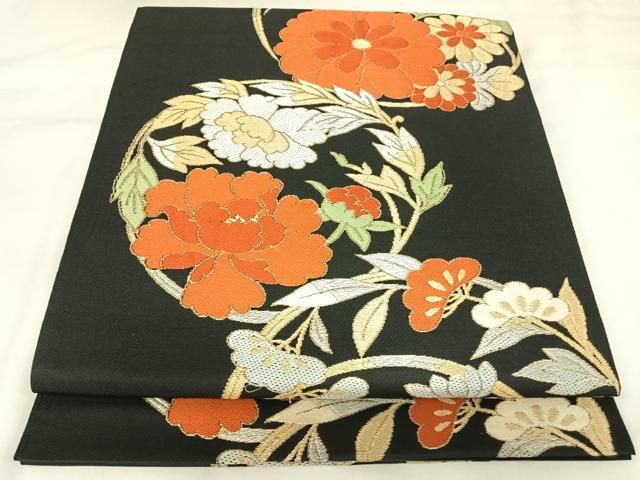 平和屋着物◎六通柄　本袋帯　唐織　花丸文　銀座　越後屋　黒地　金銀糸　正絹　逸品　AABK0778yx