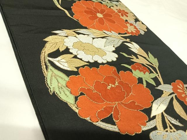 平和屋着物◎六通柄　本袋帯　唐織　花丸文　銀座　越後屋　黒地　金銀糸　正絹　逸品　AABK0778yx