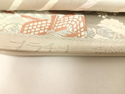 平和屋着物◎六通柄袋帯　唐織　扇取花鳥文　プラチナ二重箔　正絹　逸品　AABK0779yx