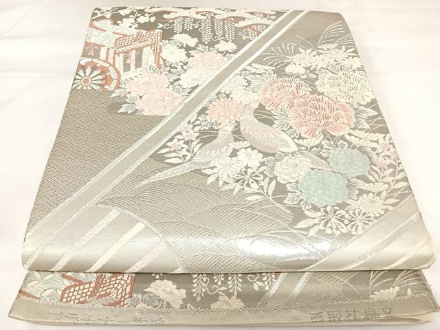平和屋着物◎六通柄袋帯　唐織　扇取花鳥文　プラチナ二重箔　正絹　逸品　AABK0779yx