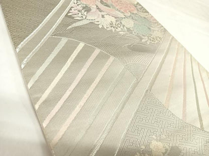 平和屋着物◎六通柄袋帯　唐織　扇取花鳥文　プラチナ二重箔　正絹　逸品　AABK0779yx