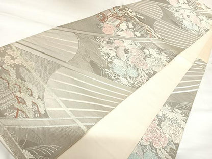 平和屋着物◎六通柄袋帯　唐織　扇取花鳥文　プラチナ二重箔　正絹　逸品　AABK0779yx
