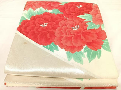 平和屋着物◎六通柄袋帯　唐織　花づくし　銀糸　正絹　逸品　AABK0787yx