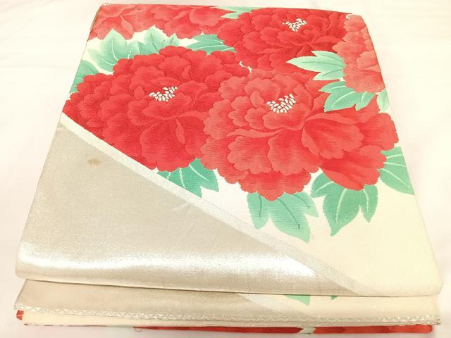 平和屋着物◎六通柄袋帯　唐織　花づくし　銀糸　正絹　逸品　AABK0787yx