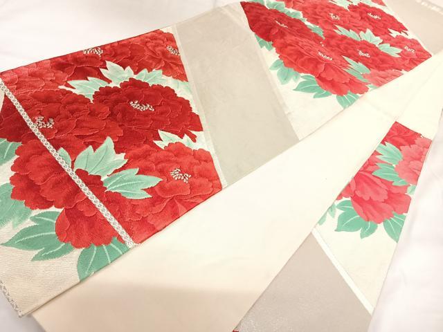 平和屋着物◎六通柄袋帯　唐織　花づくし　銀糸　正絹　逸品　AABK0787yx