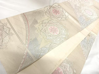 平和屋着物◎六通柄袋帯　唐織　正倉院花文　銀糸　正絹　逸品　AABK0791yx