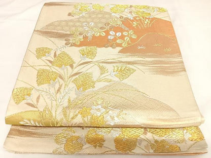 平和屋着物◎六通柄　京袋帯　草花文　金銀糸　正絹　逸品　AABK0795yx