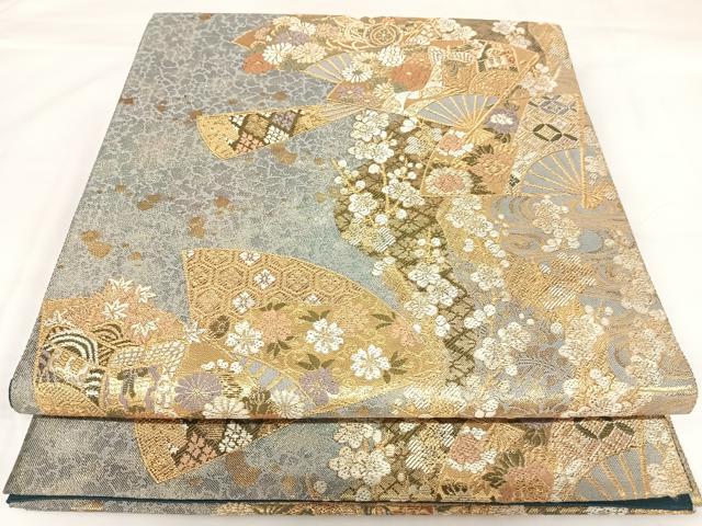 平和屋着物◎六通柄袋帯　唐織　舞扇花文　金糸　正絹　逸品　AABK0802yx