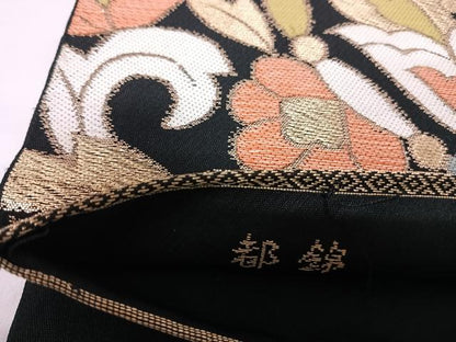 平和屋着物◎六通柄　本袋帯　唐織　更紗花文　都錦　黒地　金糸　正絹　逸品　AABK0814yx