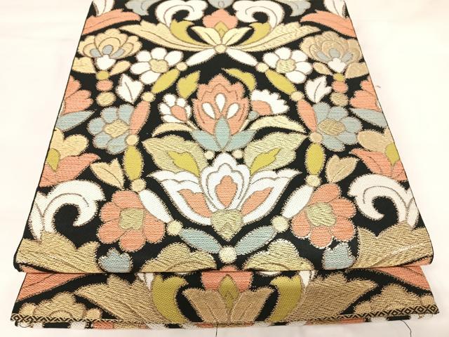 平和屋着物◎六通柄　本袋帯　唐織　更紗花文　都錦　黒地　金糸　正絹　逸品　AABK0814yx