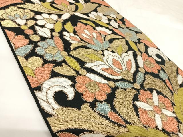 平和屋着物◎六通柄　本袋帯　唐織　更紗花文　都錦　黒地　金糸　正絹　逸品　AABK0814yx