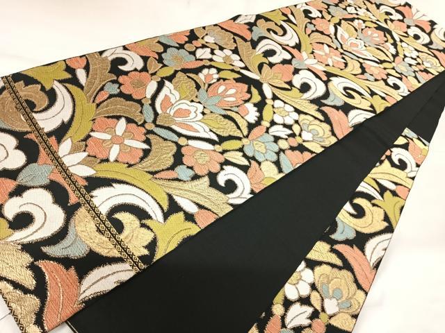 平和屋着物◎六通柄　本袋帯　唐織　更紗花文　都錦　黒地　金糸　正絹　逸品　AABK0814yx