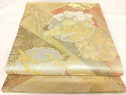 平和屋着物◎六通柄袋帯　雪輪飛鶴花文　琳彩錦　金銀糸　正絹　逸品　AABK0817yx