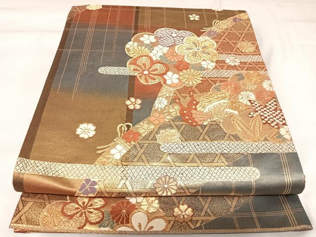平和屋着物◎六通柄袋帯　唐織　花蝶籬文　金糸　正絹　逸品　AABK0820yx