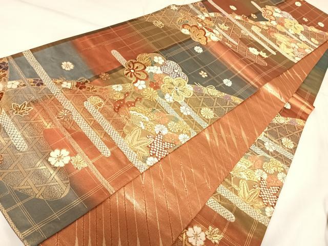 平和屋着物◎六通柄袋帯　唐織　花蝶籬文　金糸　正絹　逸品　AABK0820yx
