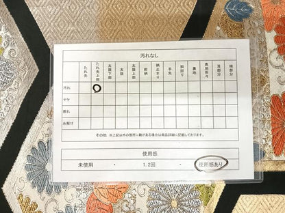 平和屋着物◎六通柄袋帯　唐織　亀甲花文　黒地　金銀糸　正絹　逸品　AABK0821yx