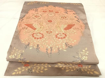 平和屋着物◎六通柄袋帯　向かい鳥花文　金糸　正絹　逸品　AABK0822yx