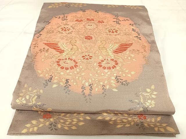 平和屋着物◎六通柄袋帯　向かい鳥花文　金糸　正絹　逸品　AABK0822yx