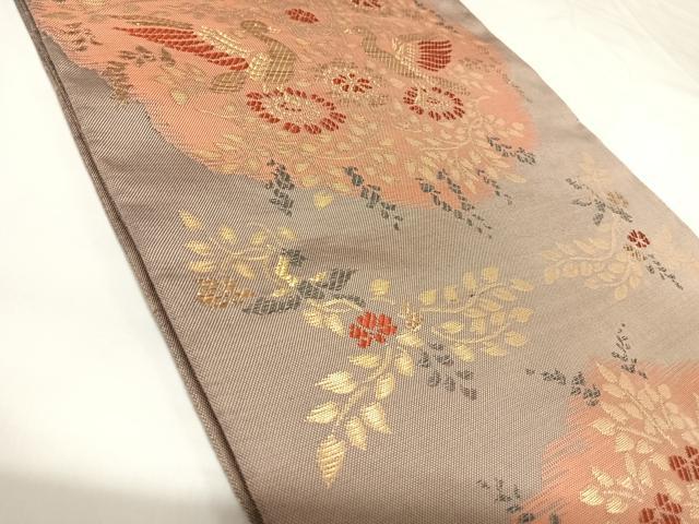平和屋着物◎六通柄袋帯　向かい鳥花文　金糸　正絹　逸品　AABK0822yx