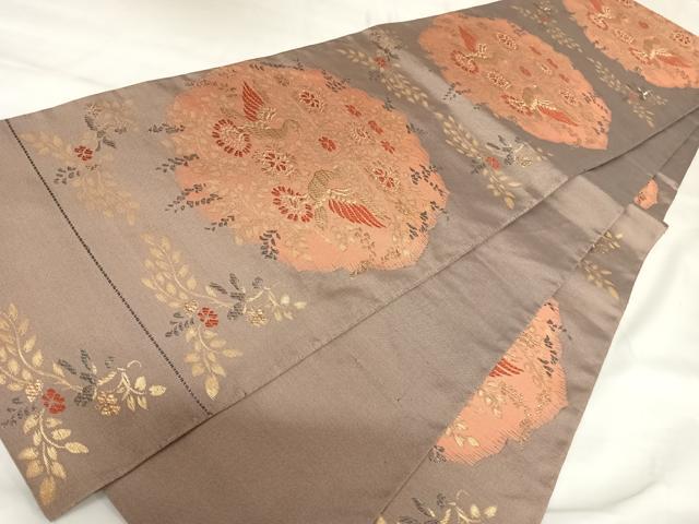 平和屋着物◎六通柄袋帯　向かい鳥花文　金糸　正絹　逸品　AABK0822yx