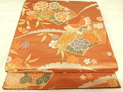 平和屋着物◎六通柄袋帯　唐織　地紙花蝶文　金糸　正絹　逸品　AABK0824yx