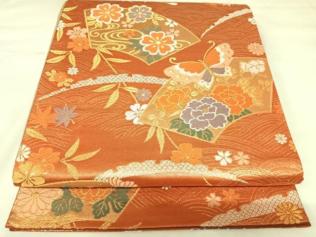 平和屋着物◎六通柄袋帯　唐織　地紙花蝶文　金糸　正絹　逸品　AABK0824yx
