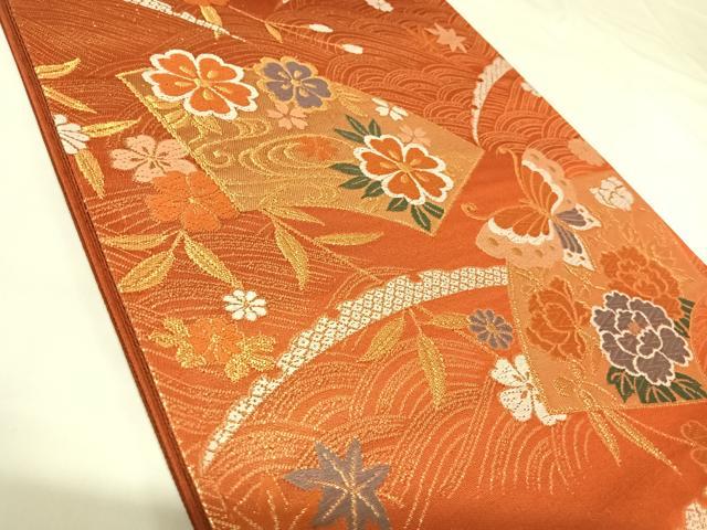 平和屋着物◎六通柄袋帯　唐織　地紙花蝶文　金糸　正絹　逸品　AABK0824yx