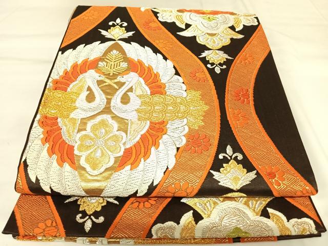 平和屋着物◎六通柄袋帯　唐織　立涌向かい鶴花文　金銀糸　正絹　逸品　AABK0827yx