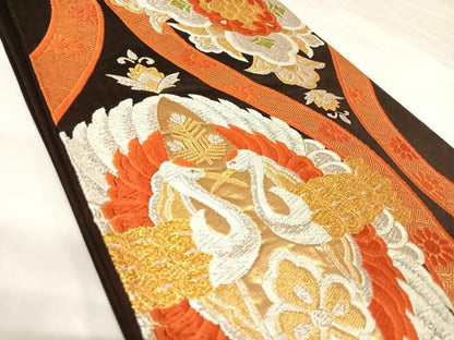 平和屋着物◎六通柄袋帯　唐織　立涌向かい鶴花文　金銀糸　正絹　逸品　AABK0827yx