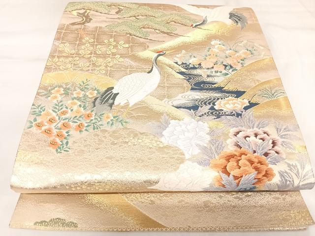 平和屋着物◎六通柄袋帯　唐織　群鶴花文　金糸　正絹　逸品　AABK0833yx