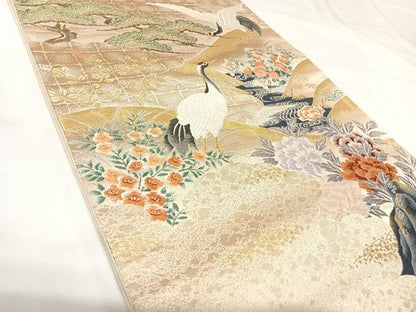 平和屋着物◎六通柄袋帯　唐織　群鶴花文　金糸　正絹　逸品　AABK0833yx