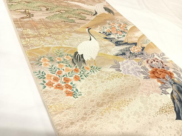 平和屋着物◎六通柄袋帯　唐織　群鶴花文　金糸　正絹　逸品　AABK0833yx