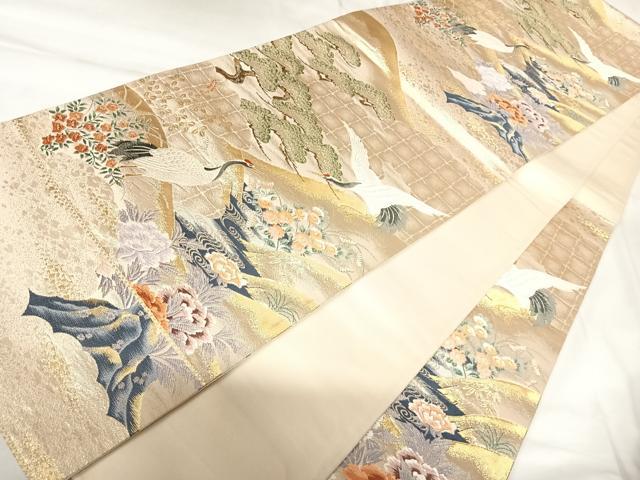 平和屋着物◎六通柄袋帯　唐織　群鶴花文　金糸　正絹　逸品　AABK0833yx